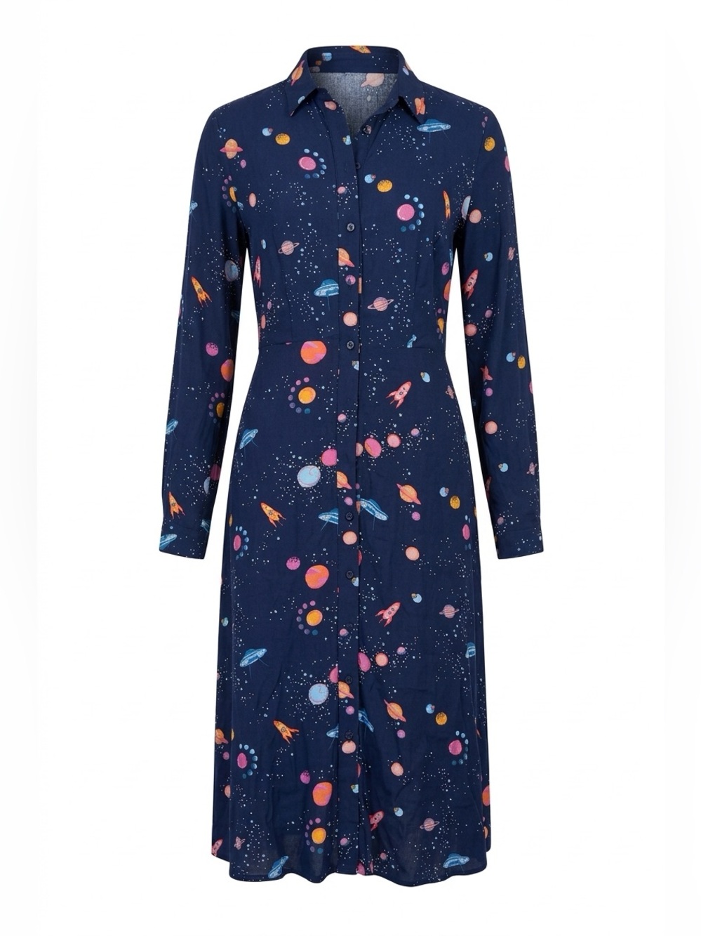 Women's Navy Long-Sleeve Space-Print Shirt Dress